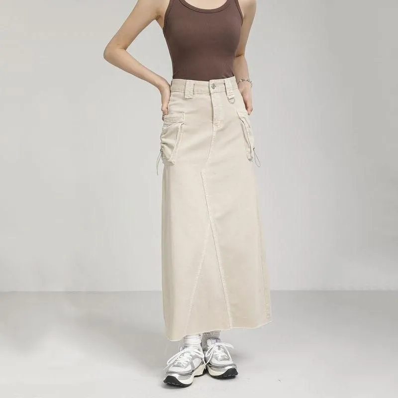 Autumn Vintage High Waist Denim Cargo Skirt with Pockets