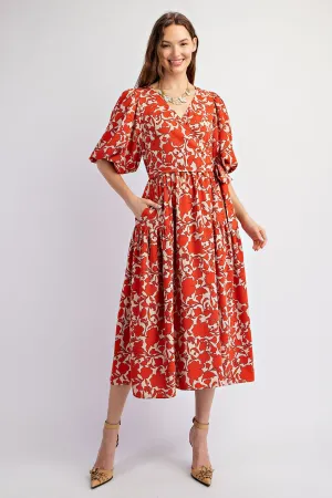 Easel Floral Printed Sophia Twill Surplus Midi Dress In Cinnamon Dough