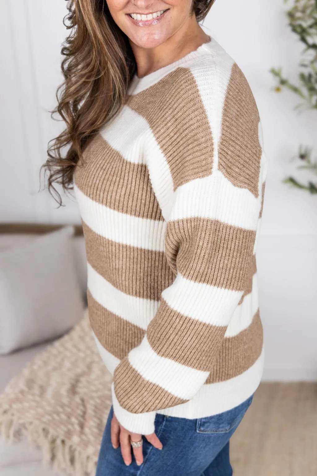 IN PRODUCTION Tan and Ivory Stripe Sweater