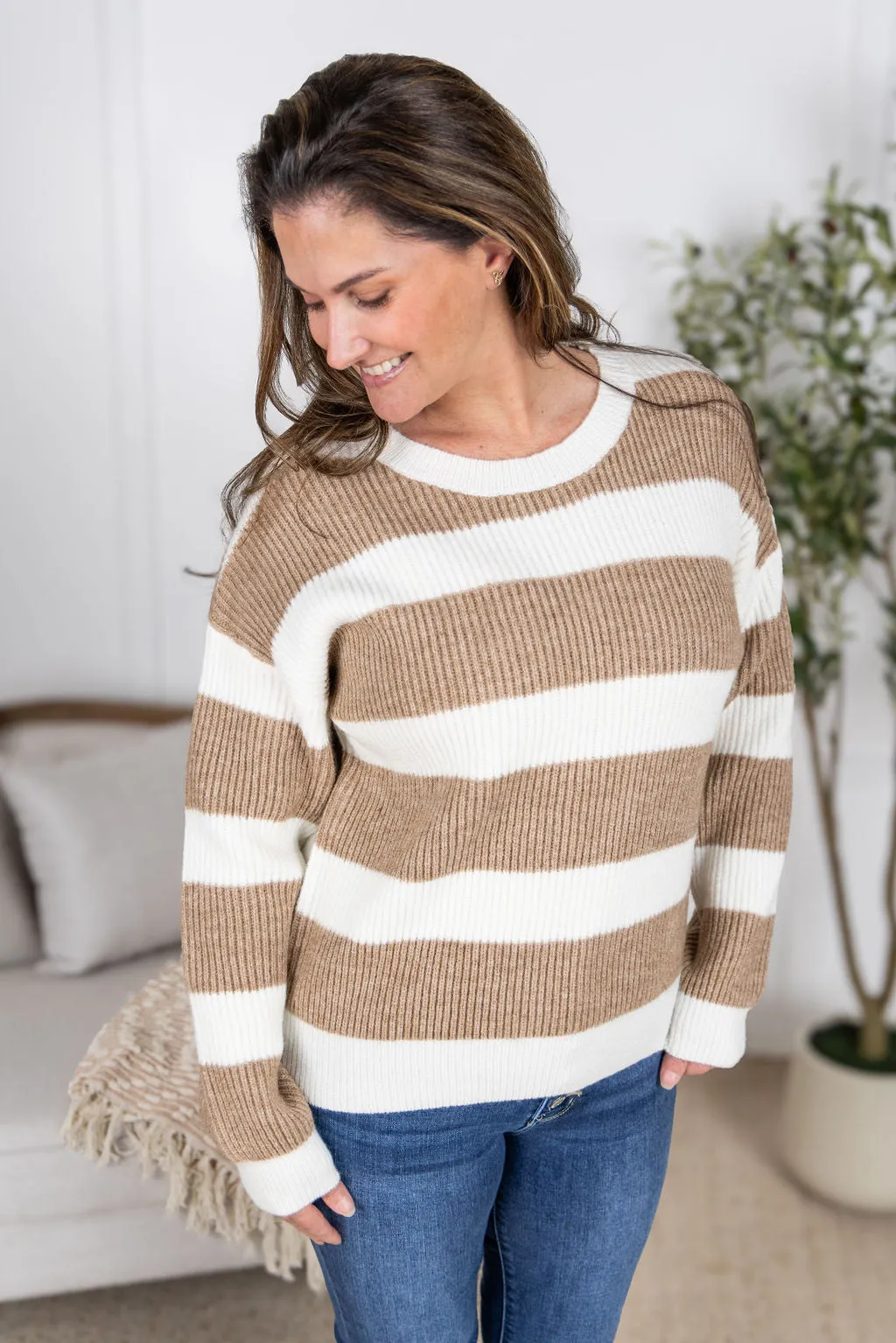 IN PRODUCTION Tan and Ivory Stripe Sweater