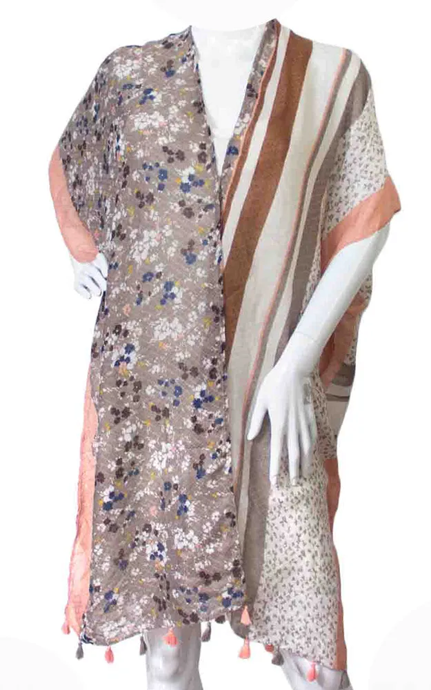 KP8303 Multi Floral Print Kimono w/Tassels