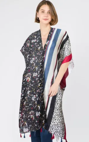 KP8303 Multi Floral Print Kimono w/Tassels