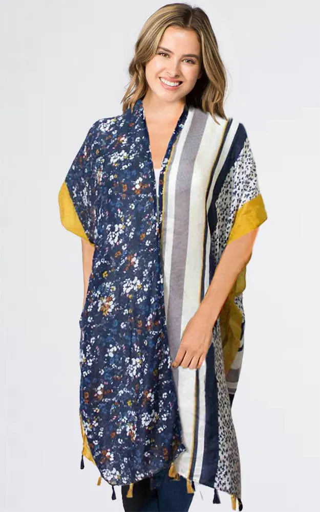 KP8303 Multi Floral Print Kimono w/Tassels
