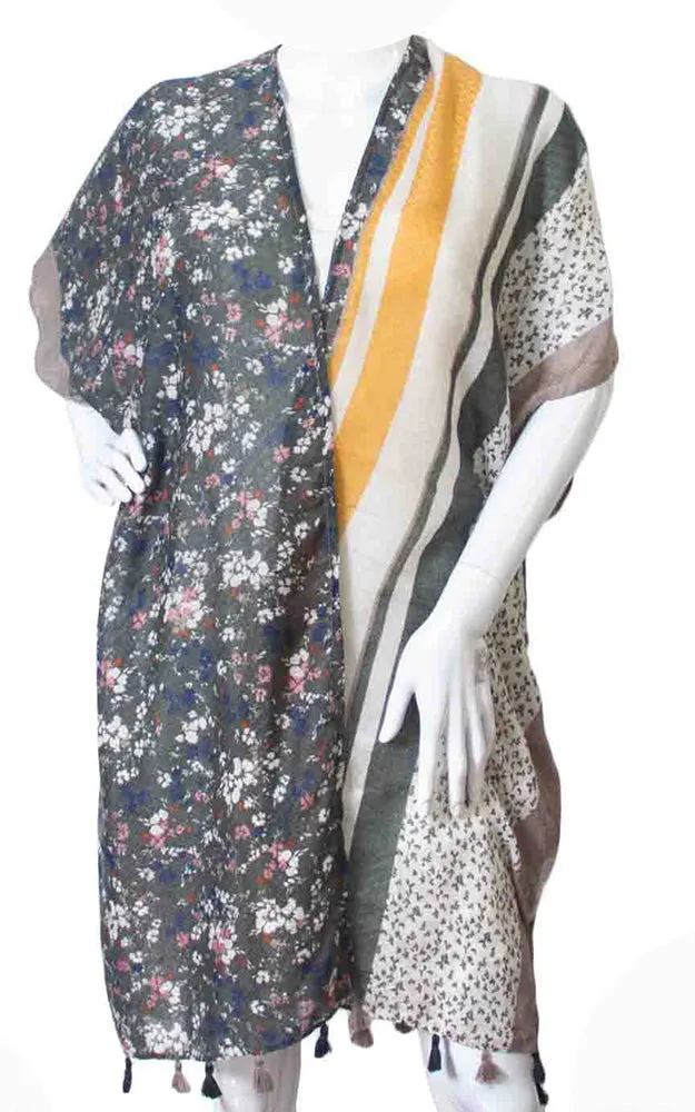 KP8303 Multi Floral Print Kimono w/Tassels