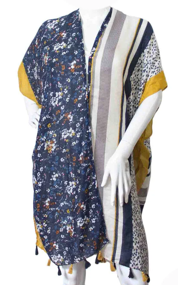 KP8303 Multi Floral Print Kimono w/Tassels