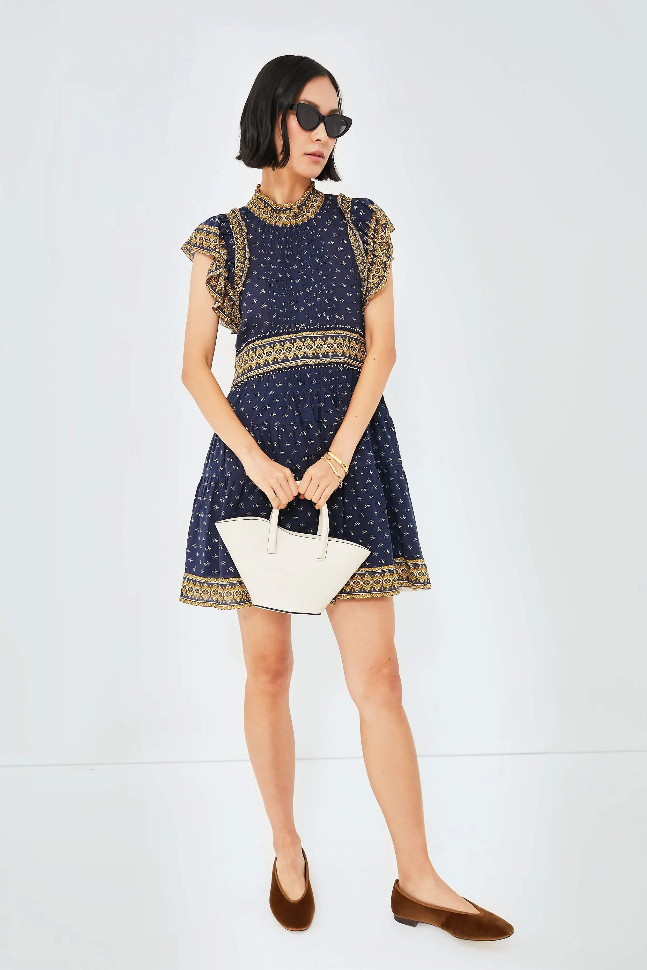 Navy Arlita Print Flutter Sleeve Tunic Dress