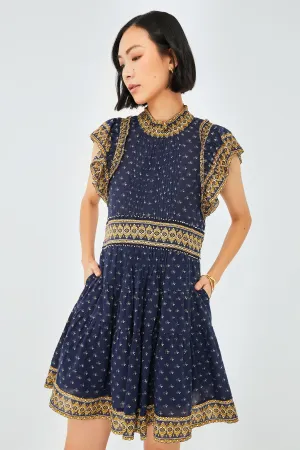 Navy Arlita Print Flutter Sleeve Tunic Dress