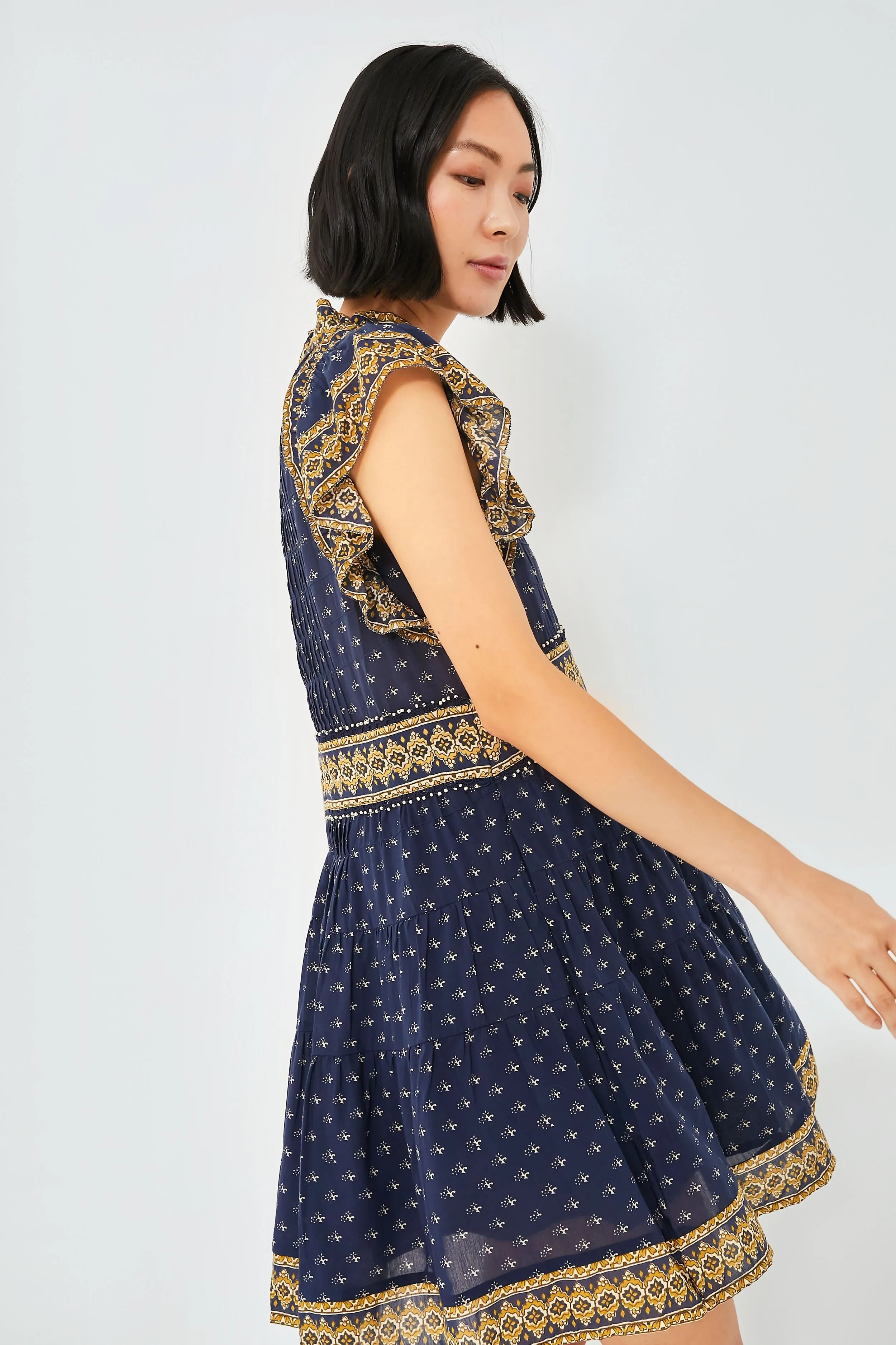 Navy Arlita Print Flutter Sleeve Tunic Dress