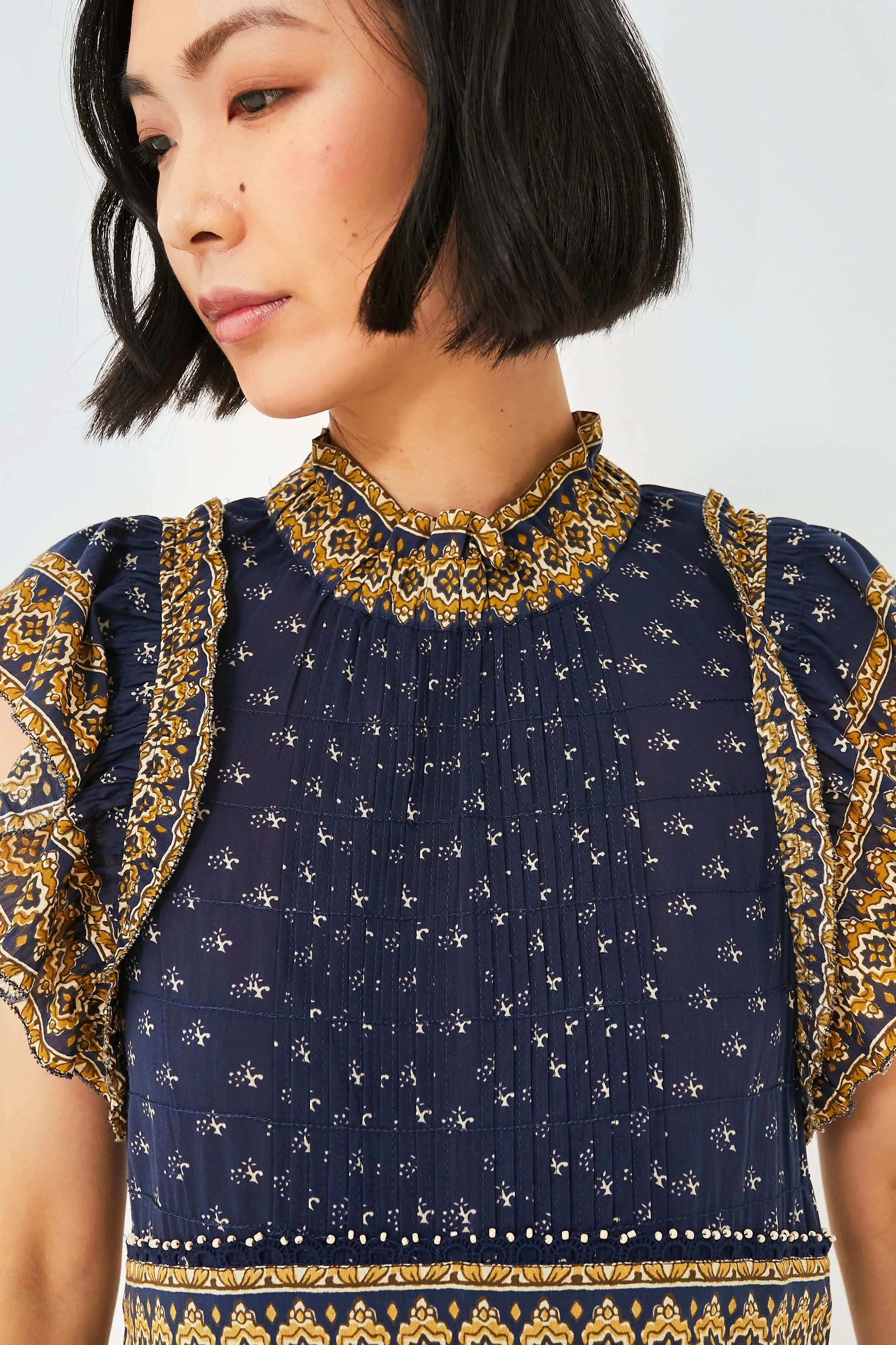 Navy Arlita Print Flutter Sleeve Tunic Dress