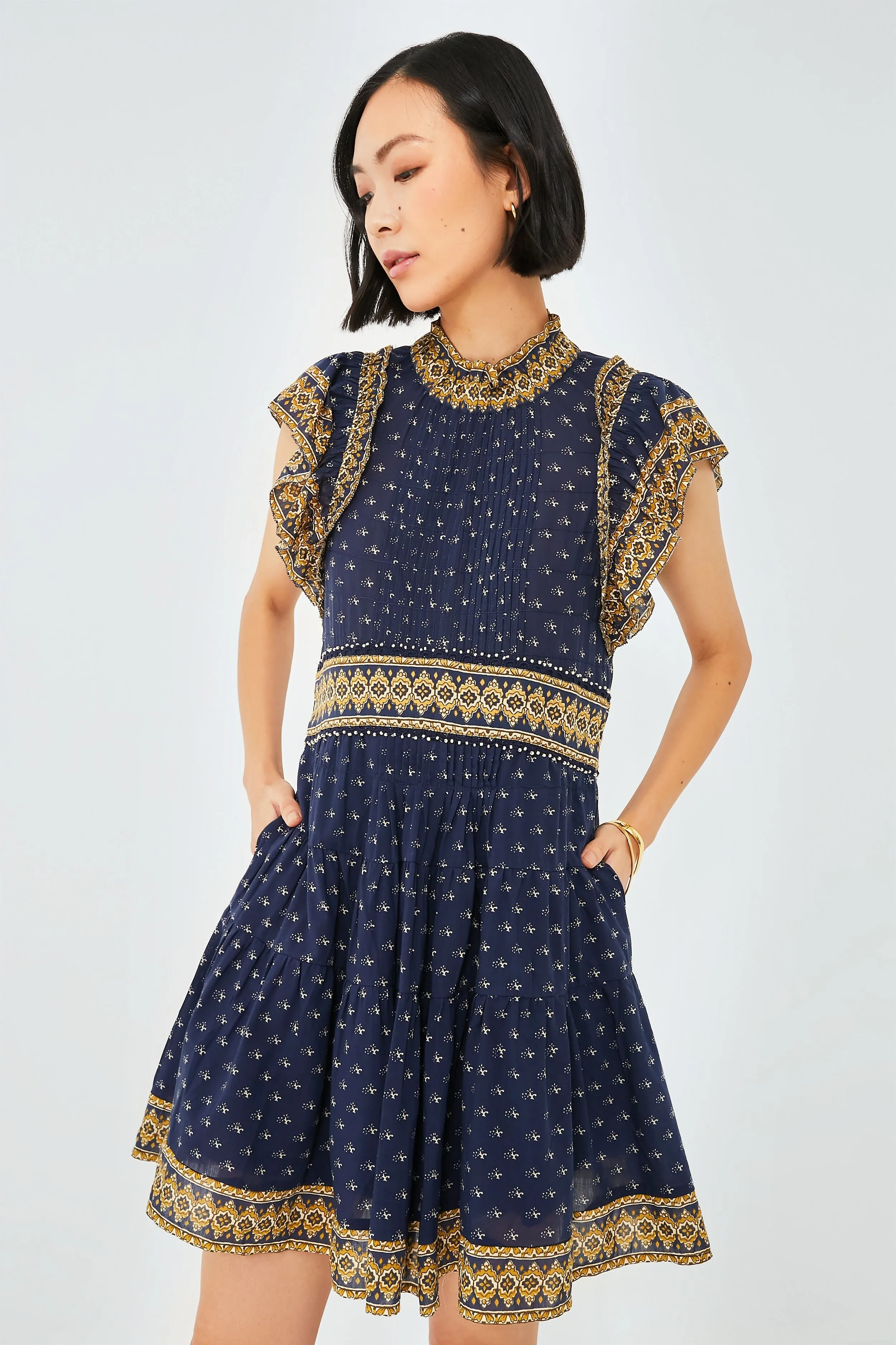 Navy Arlita Print Flutter Sleeve Tunic Dress