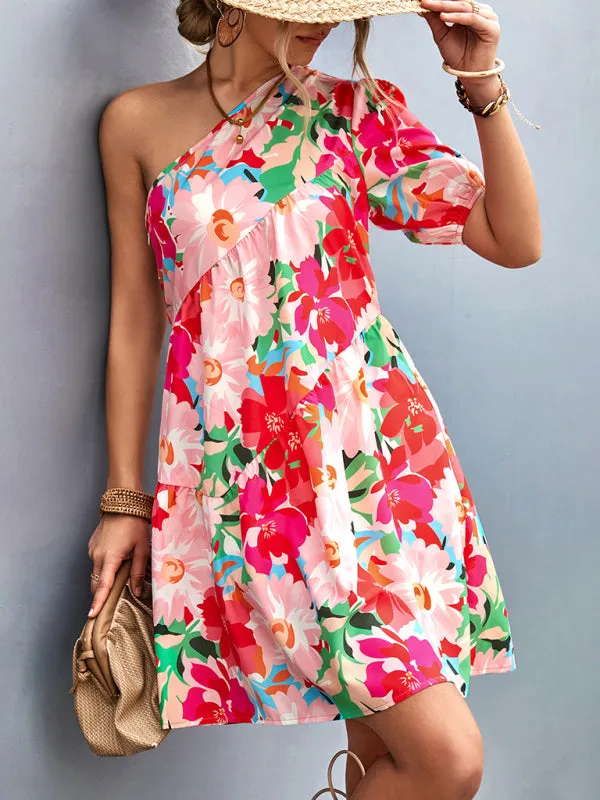Summery Floral One Shoulder Diagonal Dress