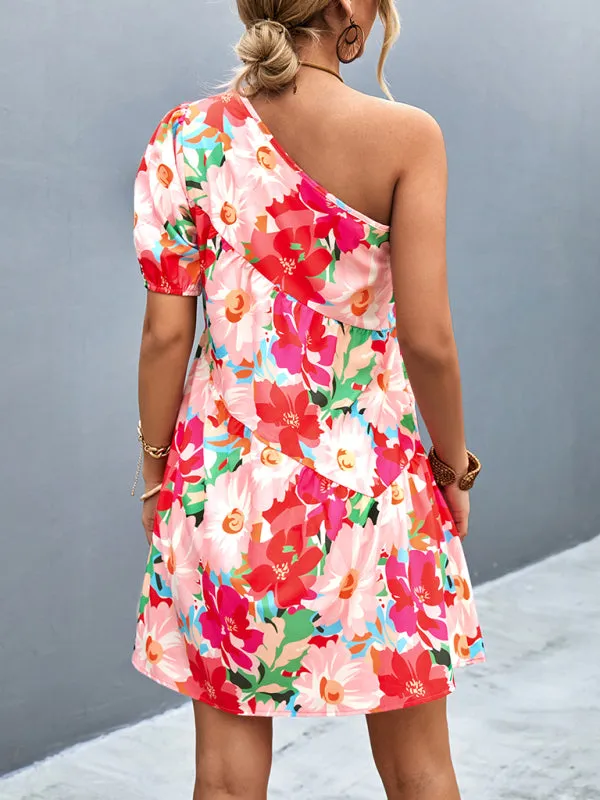 Summery Floral One Shoulder Diagonal Dress