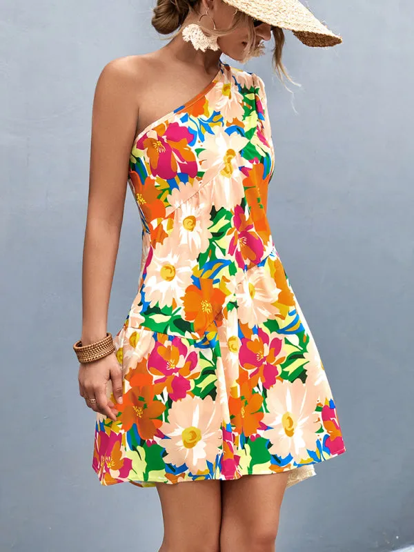 Summery Floral One Shoulder Diagonal Dress