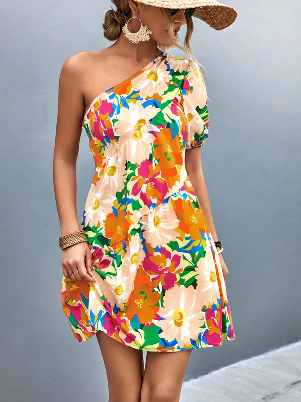 Summery Floral One Shoulder Diagonal Dress