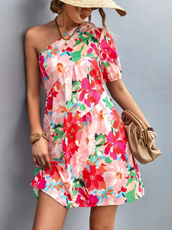 Summery Floral One Shoulder Diagonal Dress