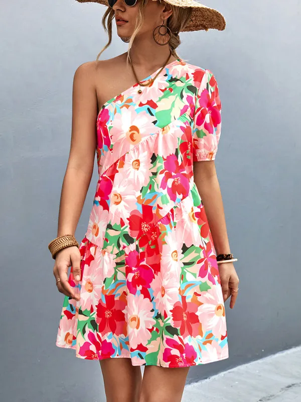 Summery Floral One Shoulder Diagonal Dress