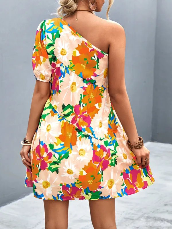 Summery Floral One Shoulder Diagonal Dress