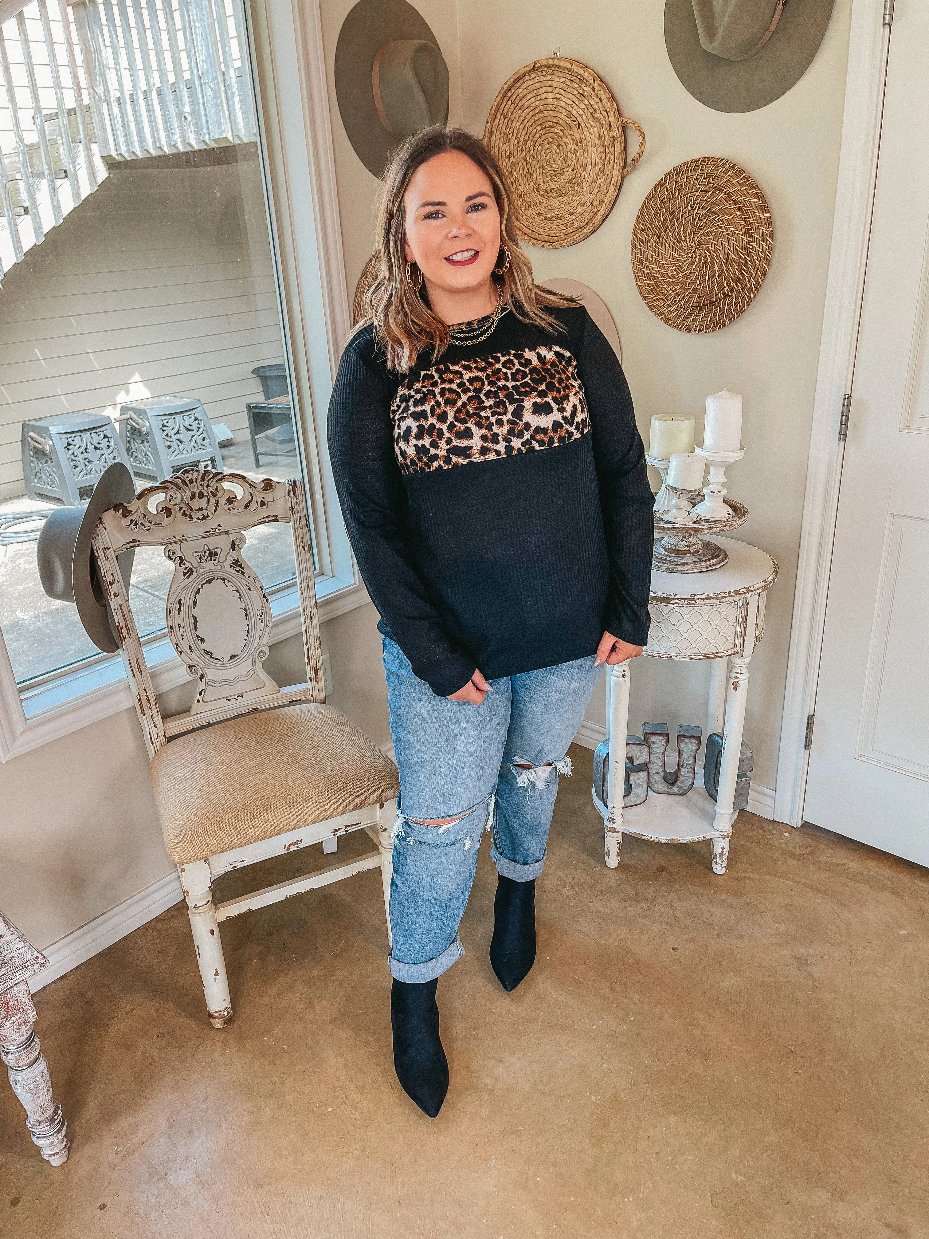 Wildly Cozy Waffle Knit Top with Leopard Bust and Elbow Patches in Black